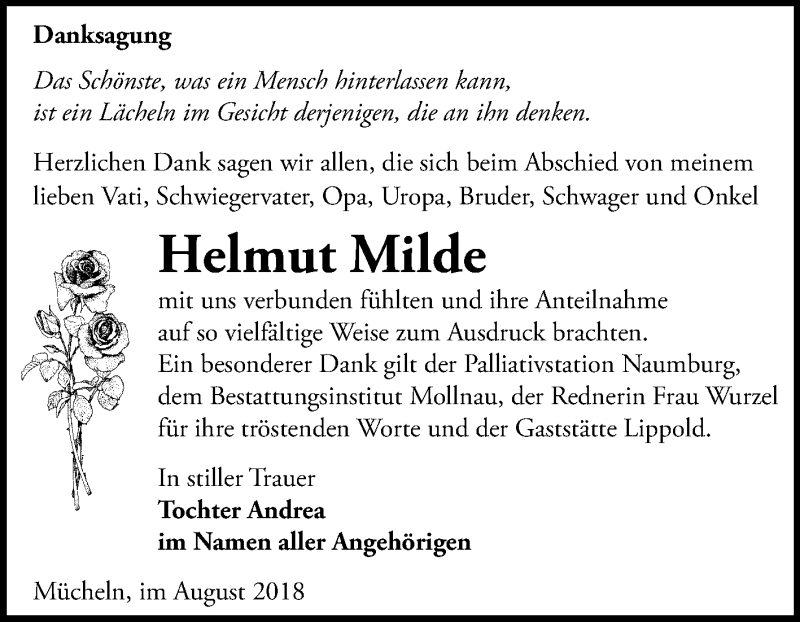  Traueranzeige für Helmut Milde vom 11.08.2018 aus Mitteldeutsche Zeitung Merseburg/Querfurt
