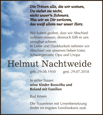 Traueranzeige von Helmut Nachtweide von WVG - Wochenspiegel NMB / WSF / ZTZ