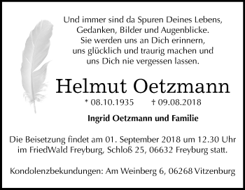 Traueranzeige von Helmut Oetzmann von Mitteldeutsche Zeitung Merseburg/Querfurt
