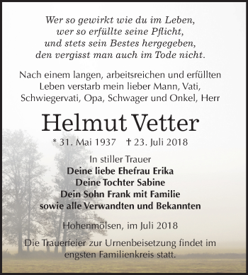 Traueranzeige von Helmut Vetter von Mitteldeutsche Zeitung Weißenfels