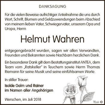 Traueranzeige von Helmut Wahren von WVG - Wochenspiegel NMB / WSF / ZTZ