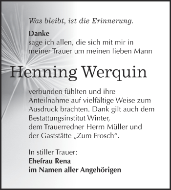 Traueranzeige von Henning Werquin von WVG - Wochenspiegel Bitterfeld