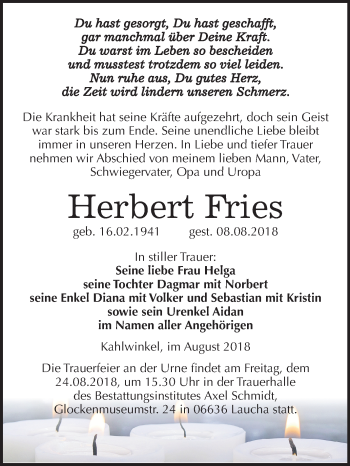 Traueranzeige von Herbert Fries von Mitteldeutsche Zeitung