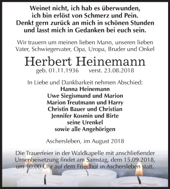 Traueranzeige von Herbert Heinemann von Mitteldeutsche Zeitung Aschersleben