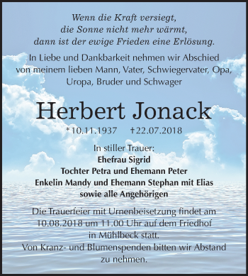 Traueranzeige von Herbert Jonack von Mitteldeutsche Zeitung Bitterfeld