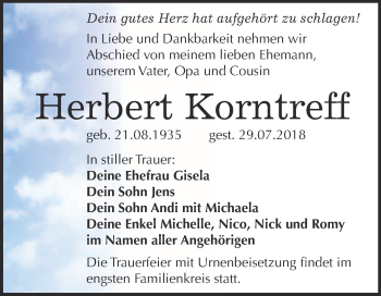 Traueranzeige von Herbert Korntreff von WVG - Wochenspiegel Bitterfeld