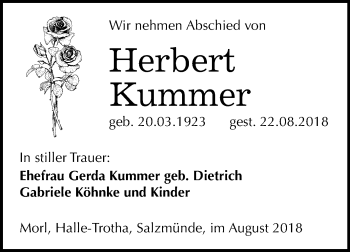 Traueranzeige von Herbert Kummer von Mitteldeutsche Zeitung Halle/Saalkreis