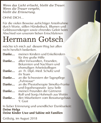 Traueranzeige von Hermann Gotsch von WVG - Wochenspiegel Dessau / Köthen