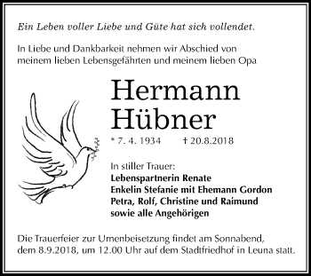 Traueranzeige von Hermann Hübner von Mitteldeutsche Zeitung Merseburg/Querfurt