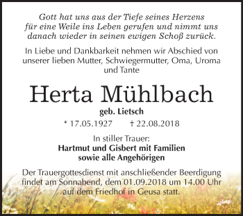 Traueranzeige von Herta Mühlbach von Mitteldeutsche Zeitung Merseburg/Querfurt