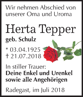 Traueranzeige von Herta Tepper von Mitteldeutsche Zeitung