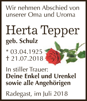 Traueranzeige von Herta Tepper von WVG - Wochenspiegel Dessau / Köthen