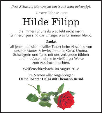 Traueranzeige von Hilde Filipp von Mitteldeutsche Zeitung Merseburg/Querfurt