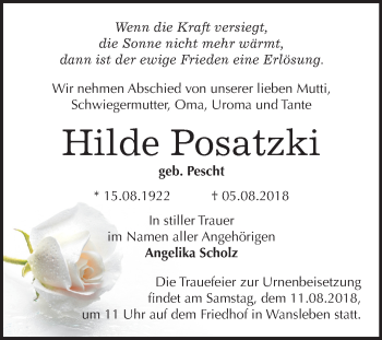 Traueranzeige von Hilde Posatzki von Mitteldeutsche Zeitung