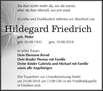 Traueranzeige von Hildegard Friedrich von Mitteldeutsche Zeitung