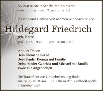 Traueranzeige von Hildegard Friedrich von Wochenspiegel Mansfelder Land