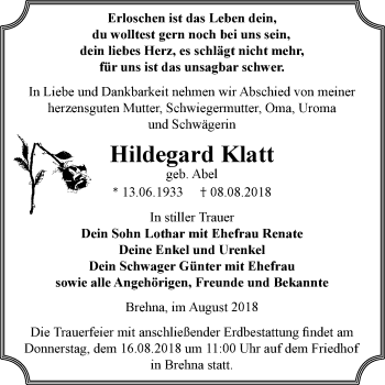 Traueranzeige von Hildegard Klatt von Mitteldeutsche Zeitung Bitterfeld