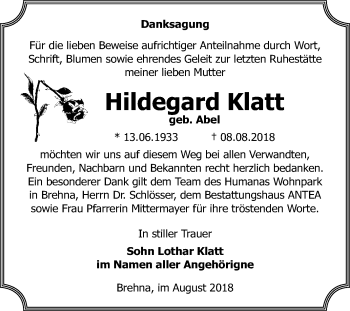 Traueranzeige von Hildegard Klatt von Mitteldeutsche Zeitung Bitterfeld