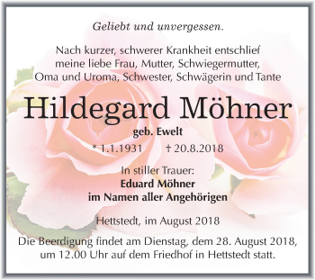 Traueranzeige von Hildegard Möhner von Mitteldeutsche Zeitung