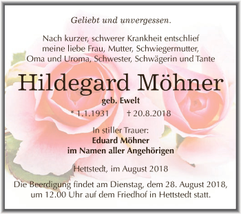 Traueranzeige von Hildegard Möhner von Super Sonntag SGH Mansf. Land