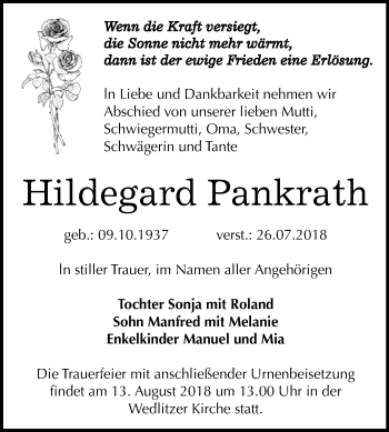 Traueranzeige von Hildegard Pankrath von Mitteldeutsche Zeitung Bernburg