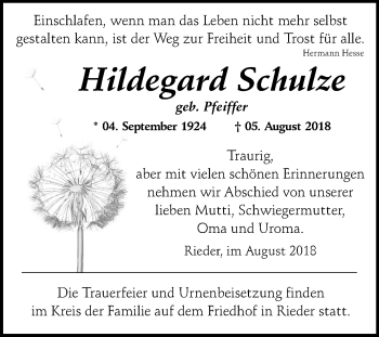Traueranzeige von Hildegard Schulze von Mitteldeutsche Zeitung Quedlinburg