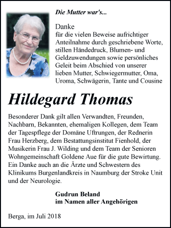 Traueranzeige von Hildegard Thomas von Mitteldeutsche Zeitung