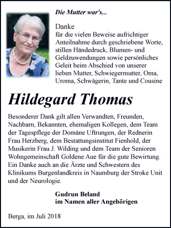 Traueranzeige von Hildegard Thomas von Super Sonntag SGH Mansf. Land