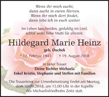 Traueranzeige von Hildegard Marie Heinz von Mitteldeutsche Zeitung