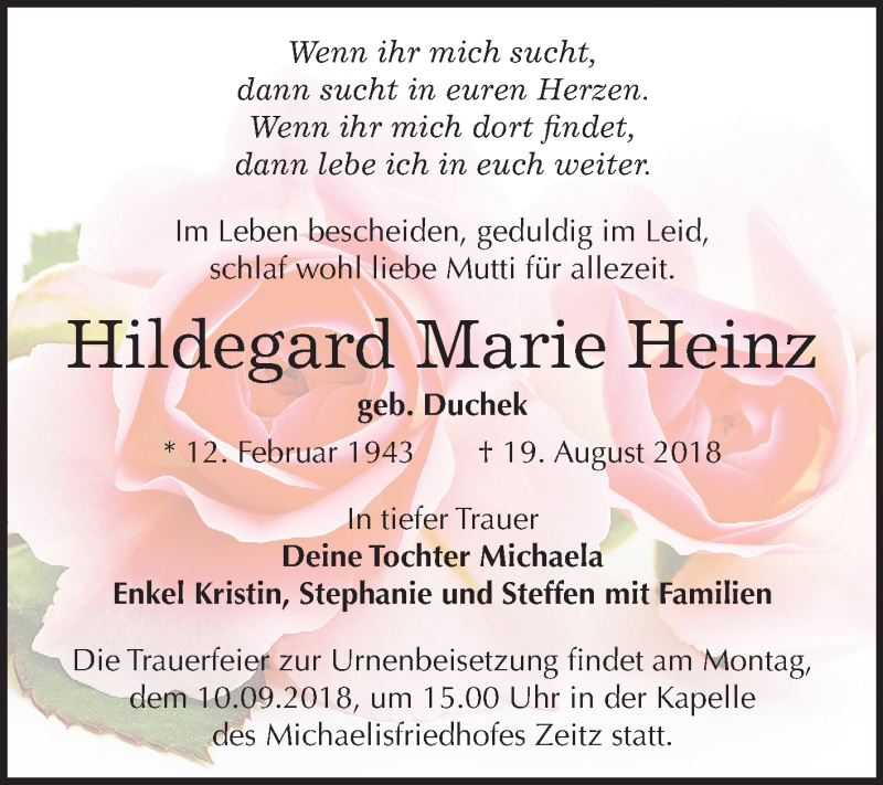  Traueranzeige für Hildegard Marie Heinz vom 25.08.2018 aus Mitteldeutsche Zeitung