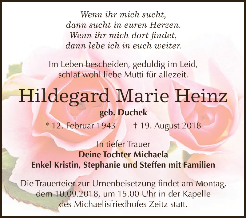  Traueranzeige für Hildegard Marie Heinz vom 25.08.2018 aus Super Sonntag Zeitz