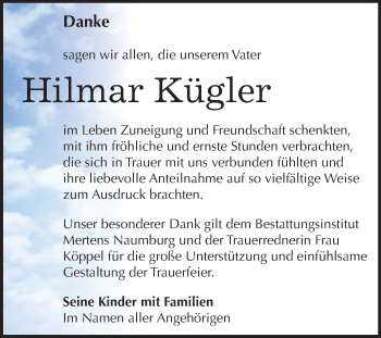 Traueranzeige von Hilmar Kügler von Mitteldeutsche Zeitung Zeitz
