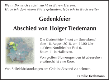Traueranzeige von Holger Tiedemann von Mitteldeutsche Zeitung Halle/Saalkreis