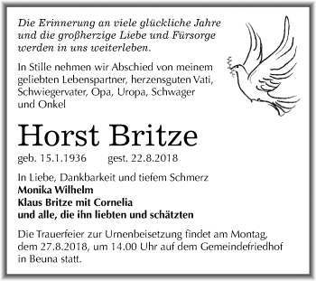 Traueranzeige von Horst Britze von Mitteldeutsche Zeitung Merseburg/Querfurt