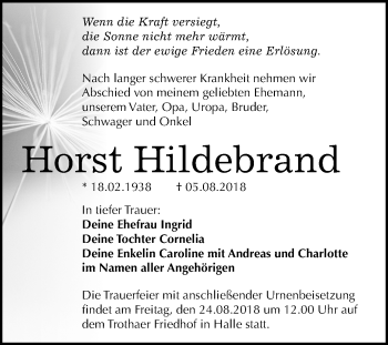 Traueranzeige von Horst Hildebrand von Mitteldeutsche Zeitung Halle/Saalkreis