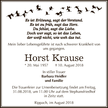 Traueranzeige von Horst Krause von WVG - Wochenspiegel NMB / WSF / ZTZ