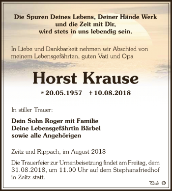 Traueranzeige von Horst Krause von Super Sonntag Zeitz