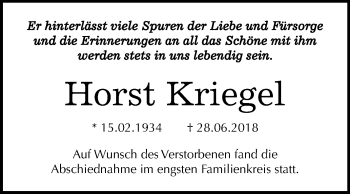 Traueranzeige von Horst Kriegel von Mitteldeutsche Zeitung