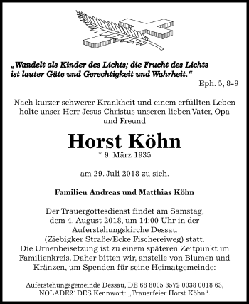 Traueranzeige von Horst Köhn von Mitteldeutsche Zeitung Dessau-Roßlau