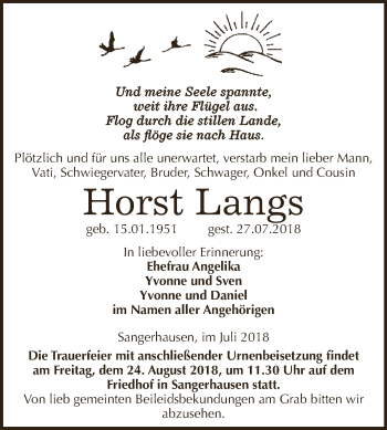 Traueranzeige von Horst Langs von Super Sonntag SGH Mansf. Land