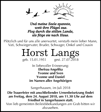 Traueranzeige von Horst Langs von Mitteldeutsche Zeitung
