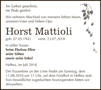 Traueranzeige von Horst Mattioli von Wochenspiegel Mansfelder Land