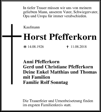 Traueranzeige von Horst Pfefferkorn von Mitteldeutsche Zeitung Dessau-Roßlau