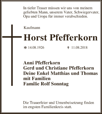 Traueranzeige von Horst Pfefferkorn von WVG - Wochenspiegel Dessau / Köthen