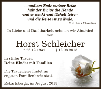 Traueranzeige von Horst Schleicher von WVG - Wochenspiegel NMB / WSF / ZTZ