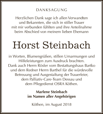 Traueranzeige von Horst Steinbach von WVG - Wochenspiegel Dessau / Köthen