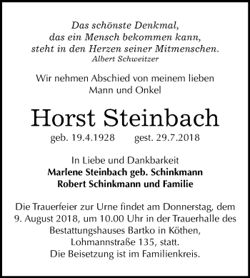 Traueranzeige von Horst Steinbach von Mitteldeutsche Zeitung