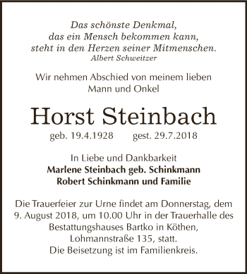Traueranzeige von Horst Steinbach von WVG - Wochenspiegel Dessau / Köthen