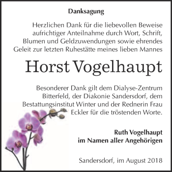 Traueranzeige von Horst Vogelhaupt von WVG - Wochenspiegel Bitterfeld