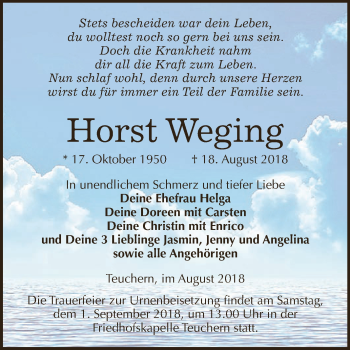 Traueranzeige von Horst Weging von WVG - Wochenspiegel NMB / WSF / ZTZ